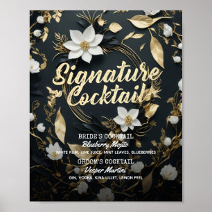Poster Menu de Bebida de Assinatura Floral Dourada