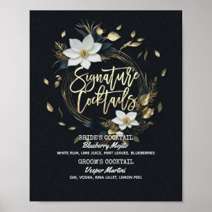 Poster Menu de Bebida de Assinatura Floral Dourada