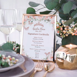Poster Menu de Bebida do Bar de Quinceanera Dourado Blush