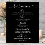 Poster Menu de Bebida Personalizada do Bar Negra Moderno<br><div class="desc">Menu bar! Caligrafia simples, mas elegante, esta placa de bar de bebida de casamento apresenta quatro bebidas 'Cerveja', 'Vinho', 'Espíritos' e 'Não-Alcoólicos', personalizadas com suas bebidas à escolha. Personalize este símbolo elegante de casamento com os seus nomes e o menu de bebidas de bar de casamento! COPYRIGHT © 2020 Judy...</div>