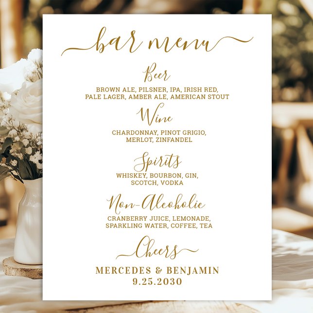 Poster Menu de Bebida Personalizada Dourada do Bar de Cas (Criador carregado)