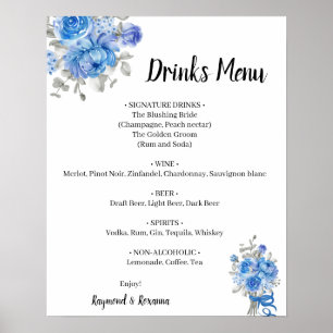 Poster Menu de Bebidas com Flores Azuis Sinal de Casament