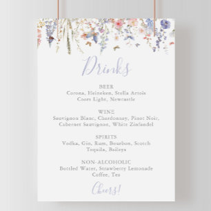 Poster Menu de Bebidas de Casamento de Flores Selvagens d