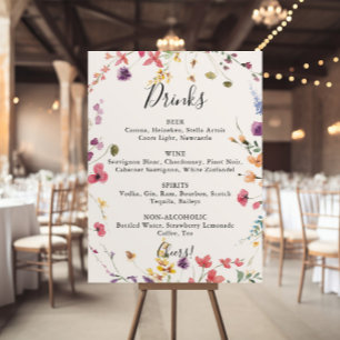 Poster Menu de Bebidas de Casamento Floral Selvagem Color