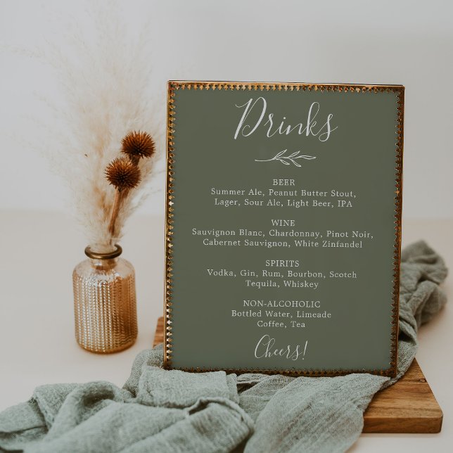 Poster Menu de Bebidas de Casamento Folha Minimal | Verde (Criador carregado)