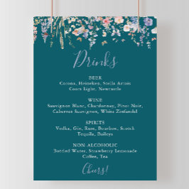Poster Menu de Bebidas de Casamento Verde de Flores Selva