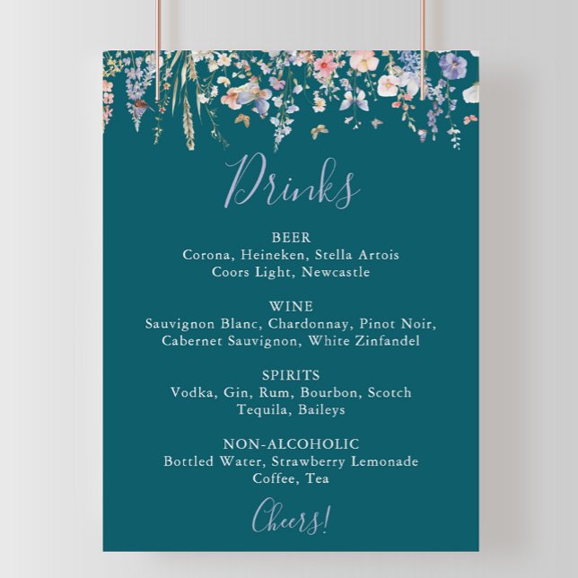 Poster Menu de Bebidas de Casamento Verde de Flores Selva (Criador carregado)