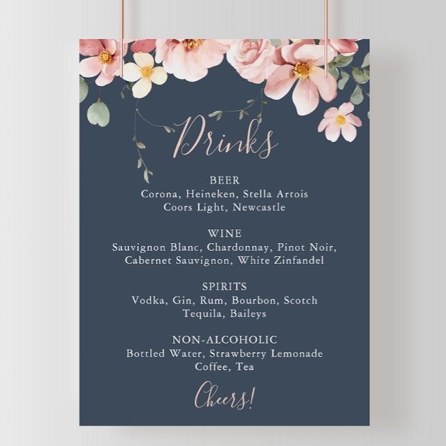 Poster Menu de Bebidas Florais de Casamento do Rosa de Ja (Criador carregado)