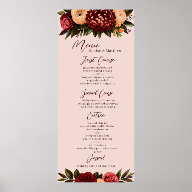 Poster Menu de Casamento Chrysanthemum Blush & Burgundy (Frente)