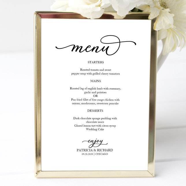 Poster Menu de Casamento com Letra Elegante Preto e Branc (Criador carregado)