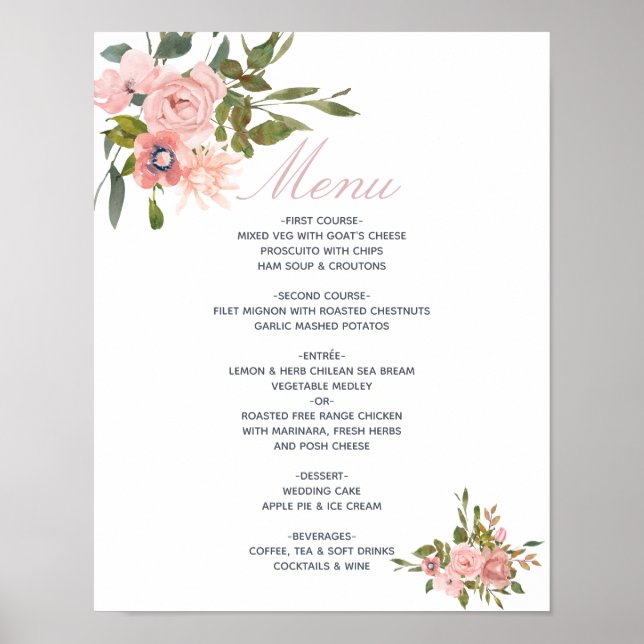 Poster Menu de Casamento de Rosas Rosa-Rosa-Esbranquiçada (Frente)