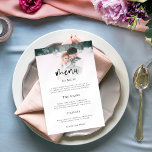 Poster Menu de Casamento de Script de Foto Minimalista<br><div class="desc">Menu de Casamento de Script de Foto Minimalista. Um design elegante com sua foto na borda superior atrás de uma camada de tonalidade graduada com o texto parcialmente sobreposto na parte superior da sua imagem na parte inferior. O cabeçalho principal está em um script de conjunto em negrito e o...</div>