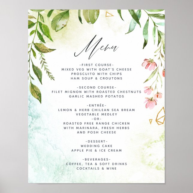 Poster Menu de Casamento Geométrico Crystal Greenery (Frente)