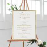 Poster Menu de Janto de Casamento de Caligrafia Dourada D<br><div class="desc">Este delicado cardápio de janto de caligrafia em ouro é perfeito para um casamento moderno. A design romântica minimalista apresenta uma magnífica e elegante tipografia amarela ouro champanhe num fundo branco com um aspecto simples e limpo. Este menu pode ser usado para recepção de casamento, janto de ensaio ou qualquer...</div>