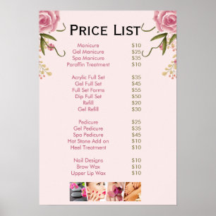 Poster Menu de Lista de Preços do Salão Nail floral rosa