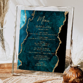 Poster Menu de Mesa de Casamento de Agata Dourada Azul Te