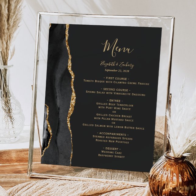 Poster Menu de Mesa de Casamento Dourado e Preto Elegante (Criador carregado)