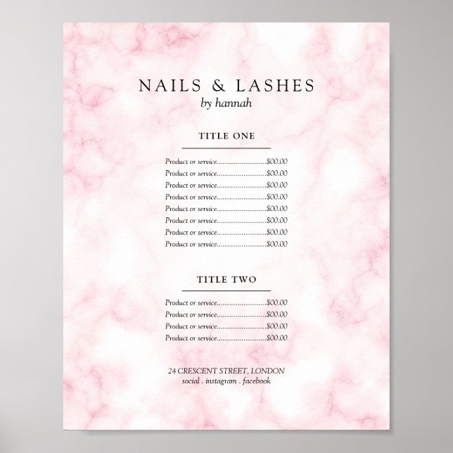 Poster Menu de preço de mármore Dourado com Rosa simples (Frente)