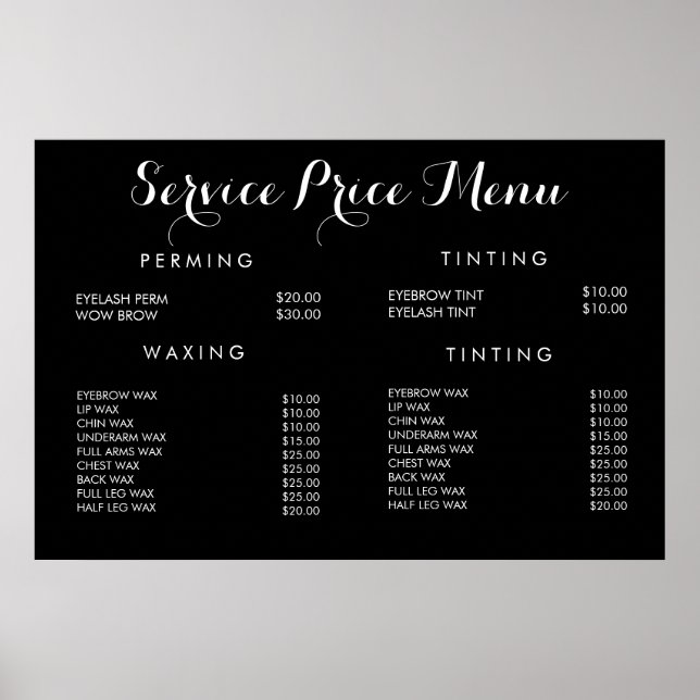 Póster Menu de Preço de Serviço Cartaz Impresso Personali (Frente)