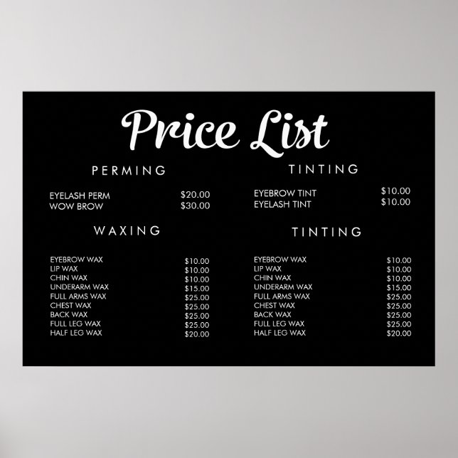 Póster Menu de Preço de Serviço Cartaz Impresso Personali (Frente)