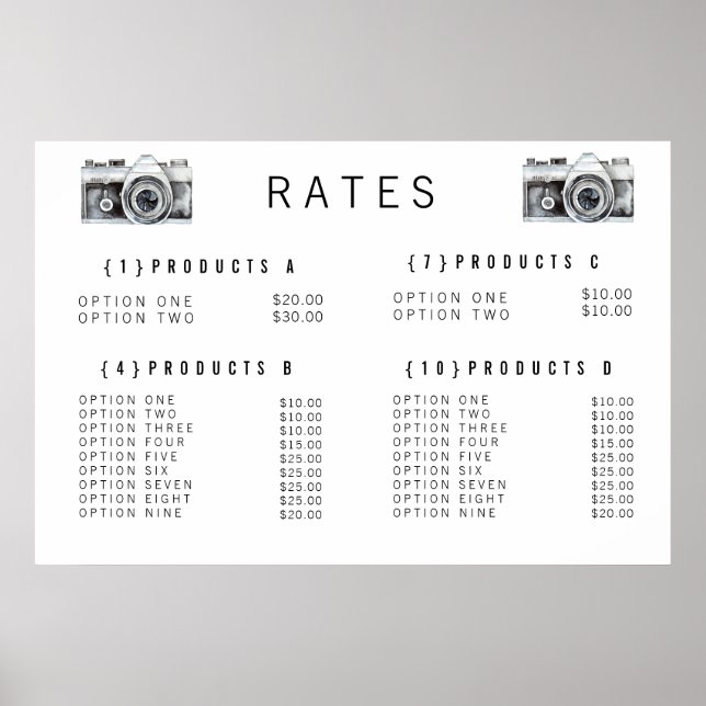 Poster Menu de Preço do Fotógrafo de Câmera de Aquarela I (Frente)