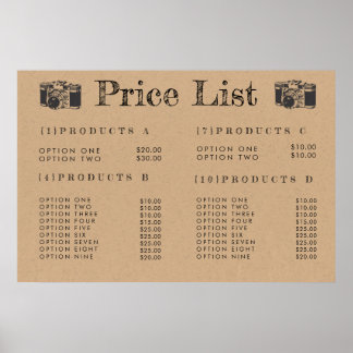 Poster Menu de Preços de Fotógrafo da Câmera Kraft Cartaz