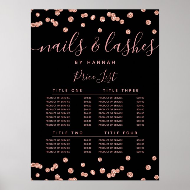 Poster Menu de Preços Salão Confete Brilho Dourado Rosa P (Frente)