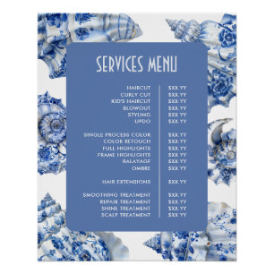 Póster Menu de Serviços Conchas Azuis Elegantes