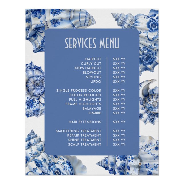 Póster Menu de Serviços Conchas Azuis Elegantes (Frente)