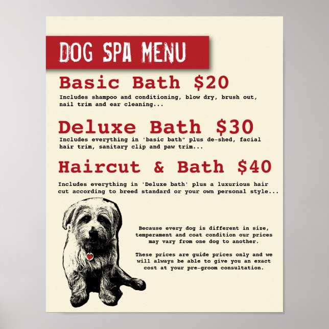 Póster Menu de Spa para Cães - Personalizável (Frente)