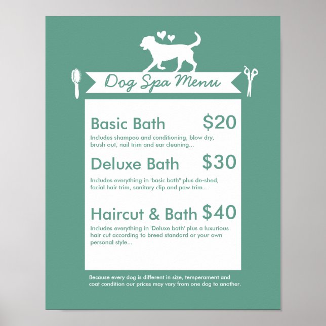 Póster Menu de Spa para Cães - Personalizável (Frente)
