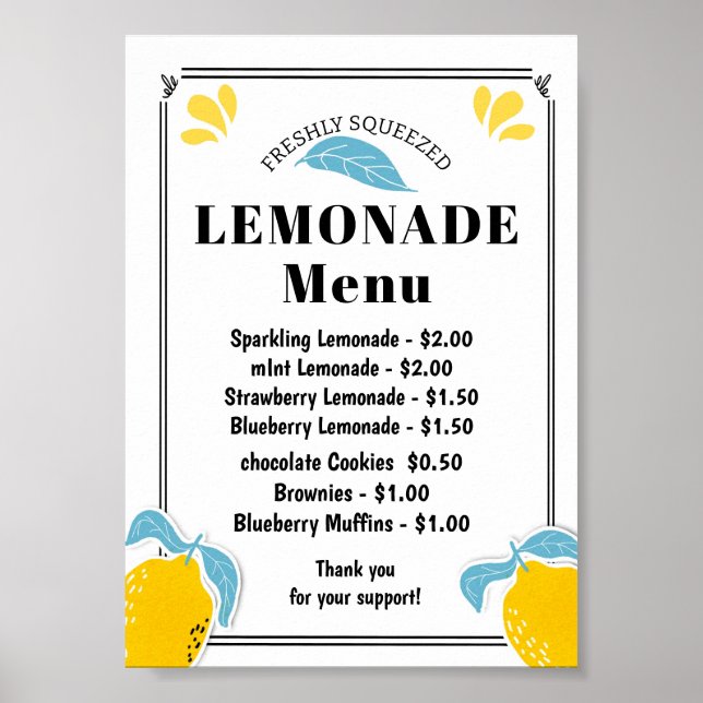 Poster Menu de suporte da Lemonade (Frente)