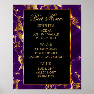 Póster Menu do Bar - Mármore Roxo e Dourado e Preto