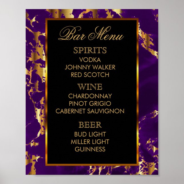 Póster Menu do Bar - Mármore Roxo e Dourado e Preto (Frente)