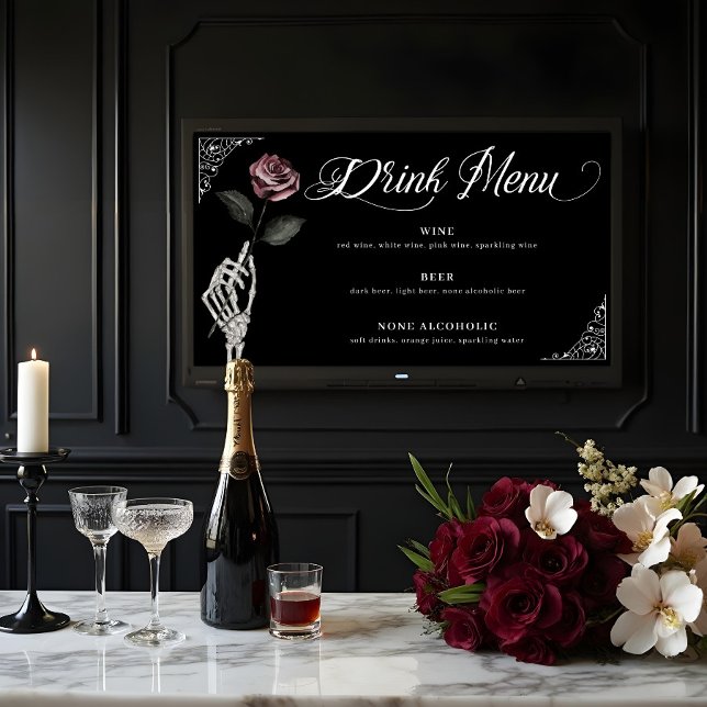 Poster Menu Drink Aquarela Rosa Gothic Casamento Skeleton (Drink Menu Watercolor Skeleton Rose Gothic Wedding Poster)