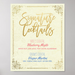 Póster Menu Drink da Assinatura Dourada de Casamento Cock