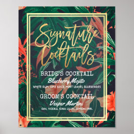 Póster Menu Drink de Assinatura de Casamento Floral Tropi