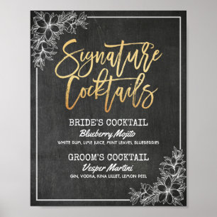 Póster Menu floral da bebida da assinatura do casamento