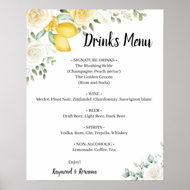 Poster Menu Limões e Rosas - Sinal de Casamento (Frente)