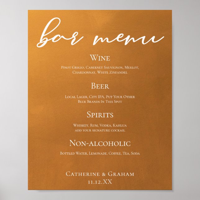 Poster Menu Russo do Bar do Tom de Tonalidade Dourada da  (Frente)