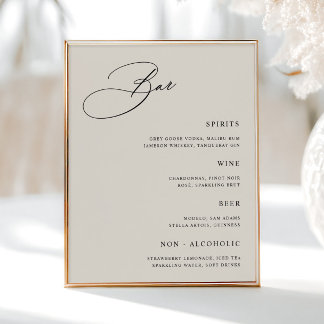 Poster Menu Simples de Bar de Casamento de Creme