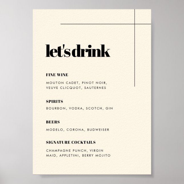Poster Menu simples de Bar de casamento elegante e chic (Frente)