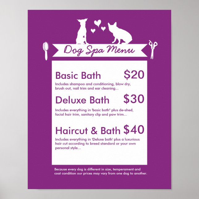 Poster Menu Spa de Agrupamento de Cães - Personalizável (Frente)