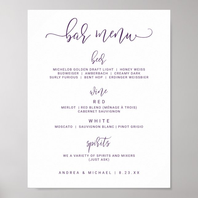 Poster Menus de Bar de Casamento - Script de Salto (Roxo  (Frente)