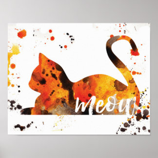 Póster Meow Watercolor - Laranja, Preto, Amarelo