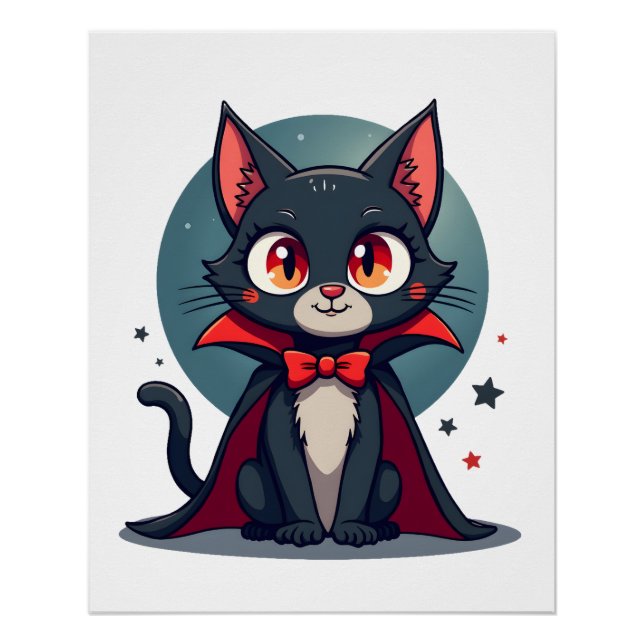 Póster Meowcula Gato Engraçado Vampiro Drácula Halloween (Frente)