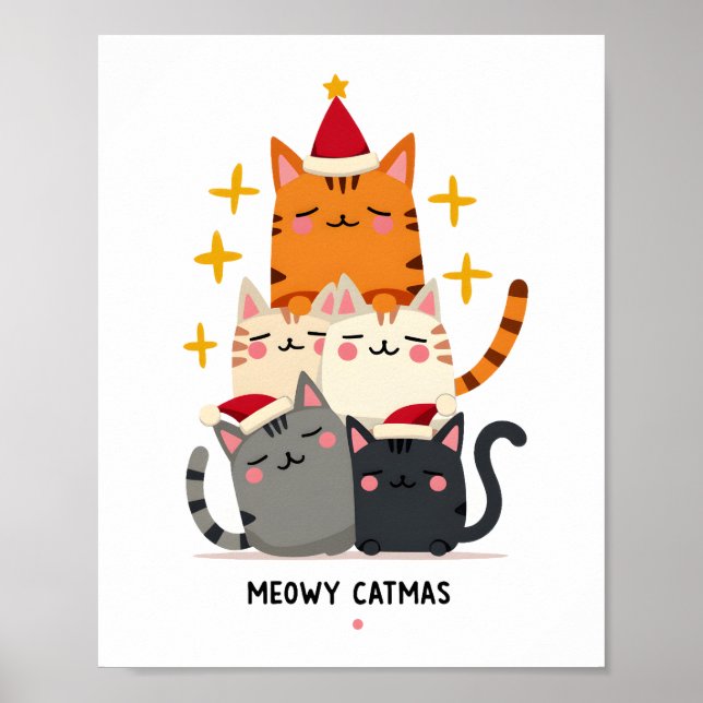 Poster Meowy Catmas Gato Árvore de Natal Natal (3) (Frente)
