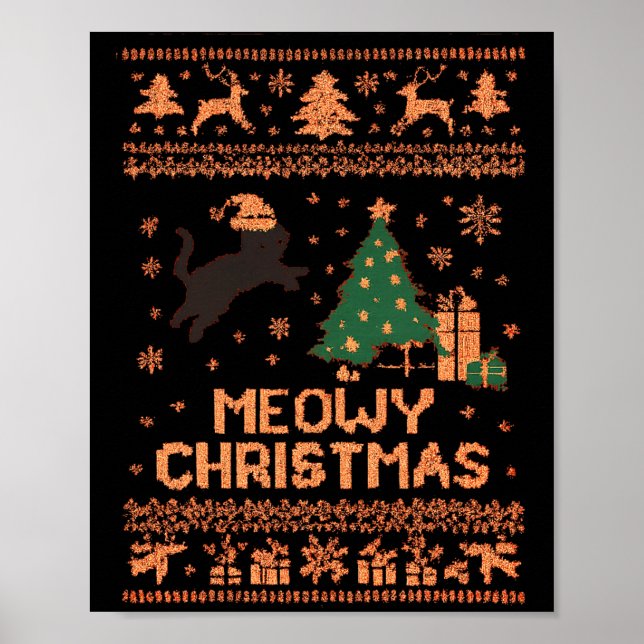 Poster Meowy Christmas Xmas Tree Cat Ugly Sweater Pajamas (Frente)