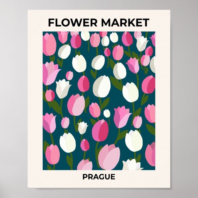 Poster Mercado de Flores Praga Tulipas Azul Marinho e Ros (Frente)