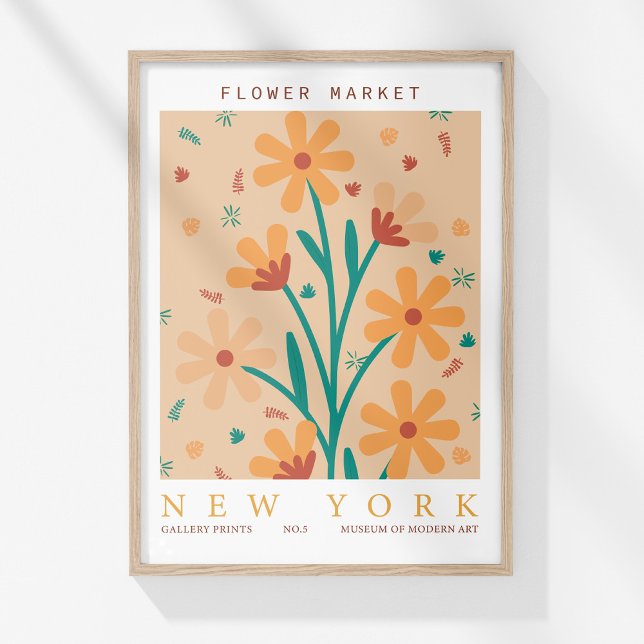 Poster Mercado de Flores Retro - New York Orange Abstrato (Retro Flower Market New York Orange Abstract Poster in a wooden frame on a sunny white wall.)